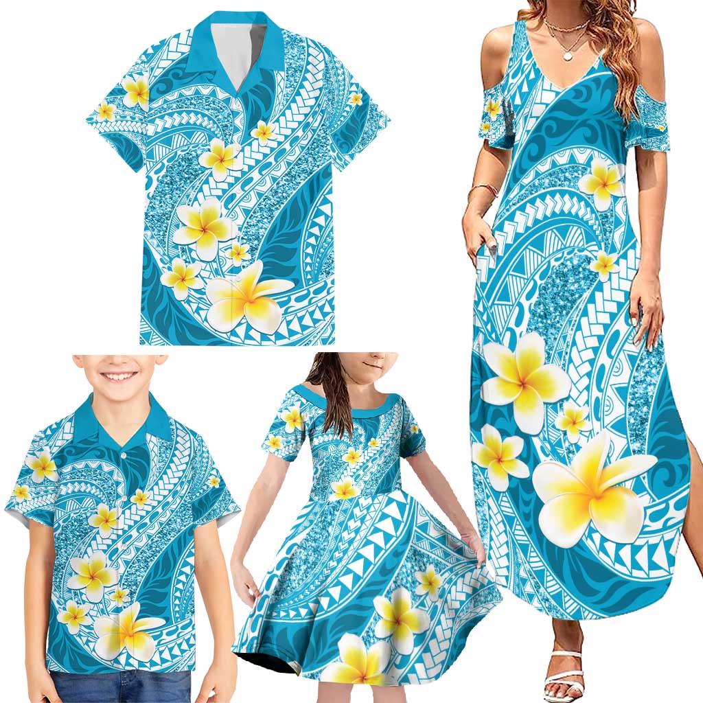 Plumeria Polynesian Sky Blue Glitter Pattern Family Matching Summer Maxi Dress and Hawaiian Shirt