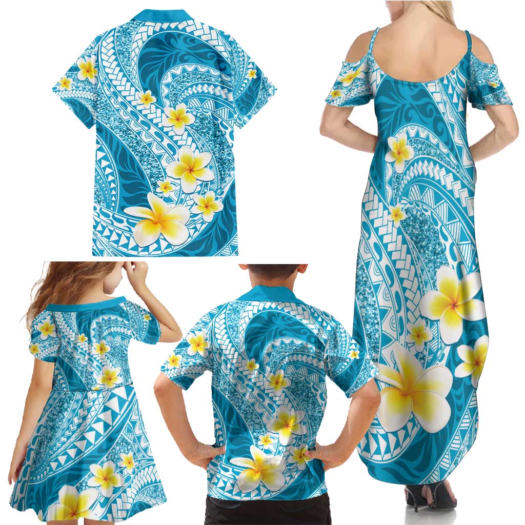 Plumeria Polynesian Sky Blue Glitter Pattern Family Matching Summer Maxi Dress and Hawaiian Shirt