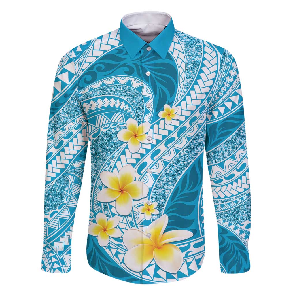 Plumeria Polynesian Sky Blue Glitter Pattern Family Matching Summer Maxi Dress and Hawaiian Shirt