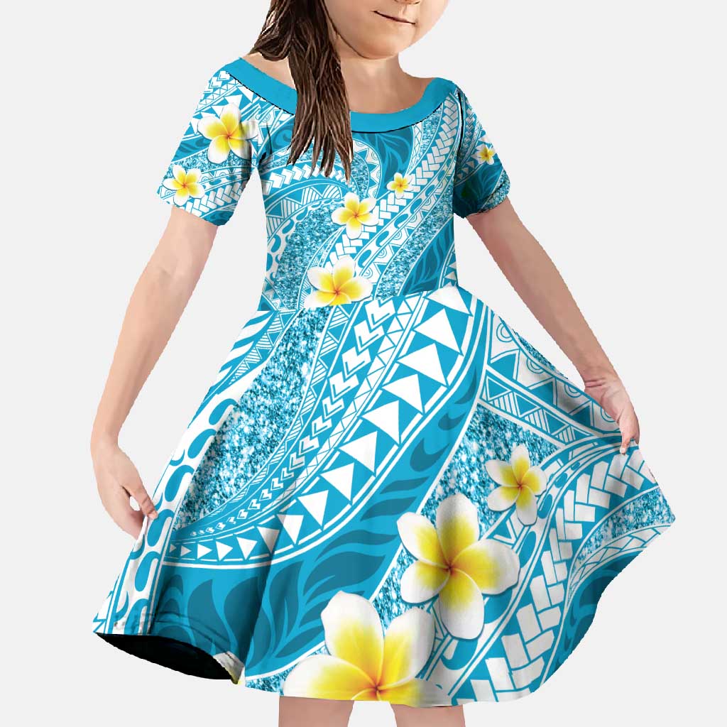Plumeria Polynesian Sky Blue Glitter Pattern Family Matching Tank Maxi Dress and Hawaiian Shirt
