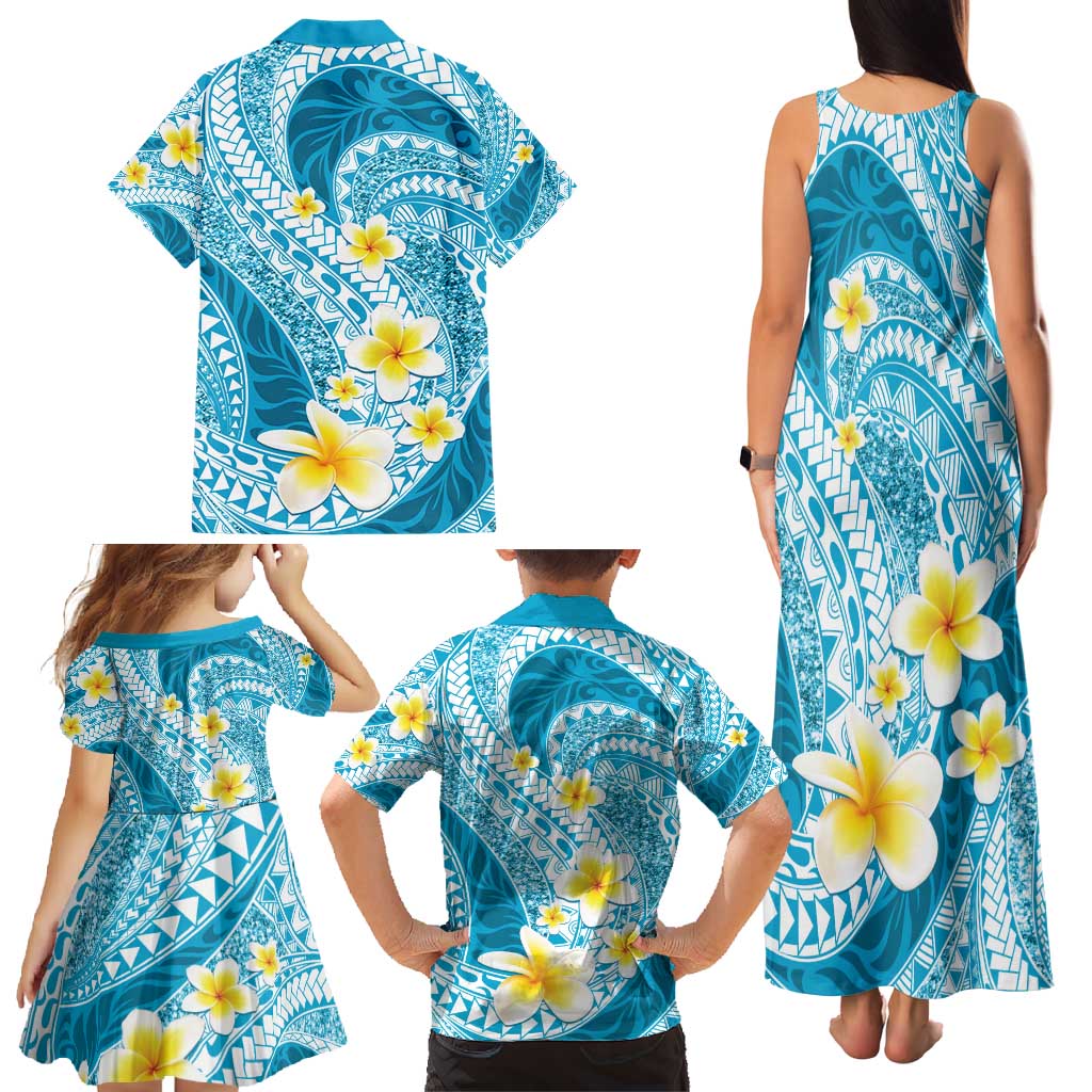 Plumeria Polynesian Sky Blue Glitter Pattern Family Matching Tank Maxi Dress and Hawaiian Shirt