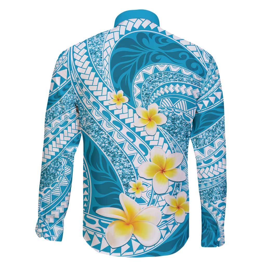 Plumeria Polynesian Sky Blue Glitter Pattern Family Matching Tank Maxi Dress and Hawaiian Shirt