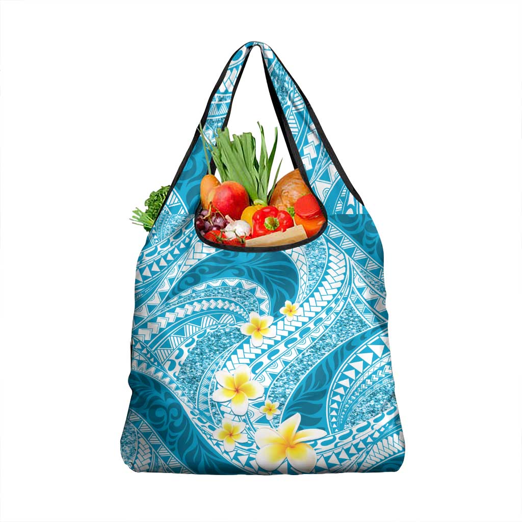 Plumeria Polynesian Sky Blue Glitter Pattern Grocery Bag
