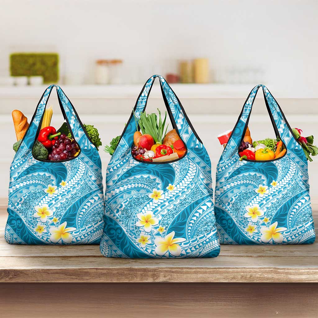 Plumeria Polynesian Sky Blue Glitter Pattern Grocery Bag