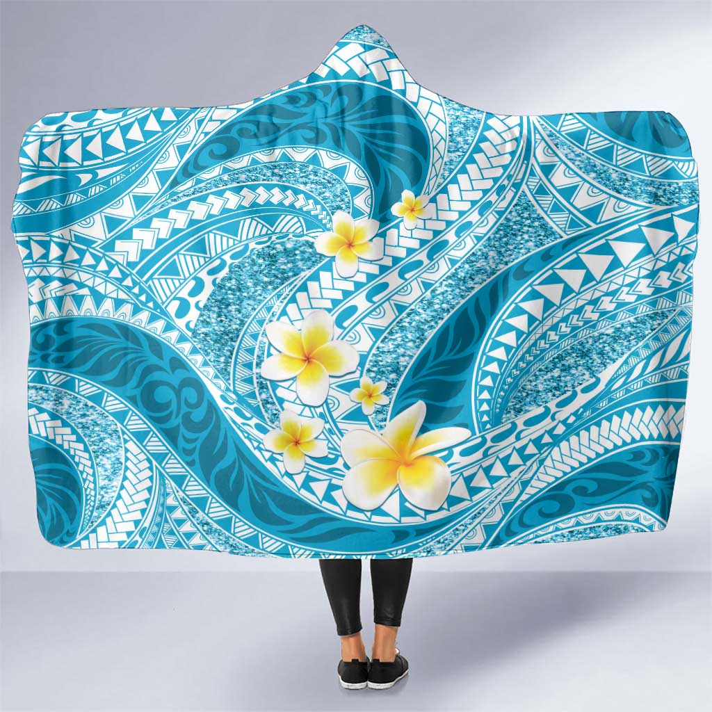 Plumeria Polynesian Sky Blue Glitter Pattern Hooded Blanket LT01 One Size Sky Blue - Polynesian Pride
