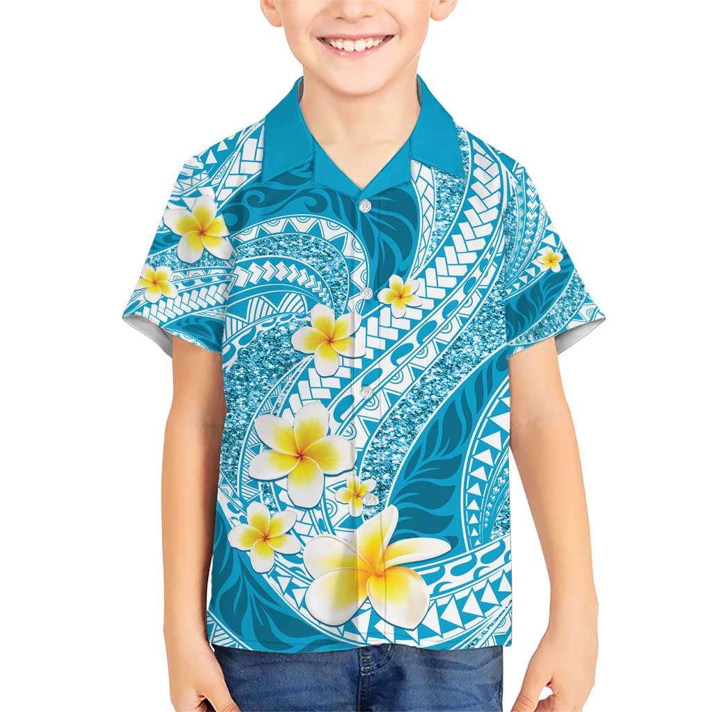 Plumeria Polynesian Sky Blue Glitter Pattern Kid Hawaiian Shirt LT01 Kid Sky Blue - Polynesian Pride