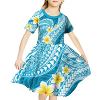 Plumeria Polynesian Sky Blue Glitter Pattern Kid Short Sleeve Dress