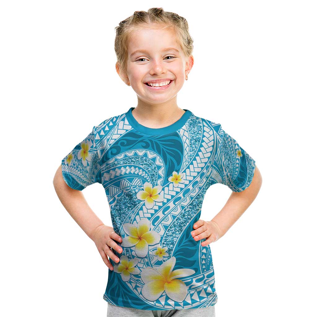 Plumeria Polynesian Sky Blue Glitter Pattern Kid T Shirt LT01 Sky Blue - Polynesian Pride