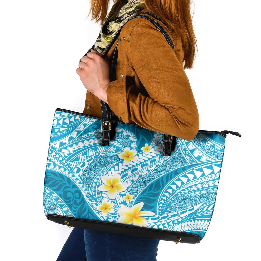 Plumeria Polynesian Sky Blue Glitter Pattern Leather Tote Bag