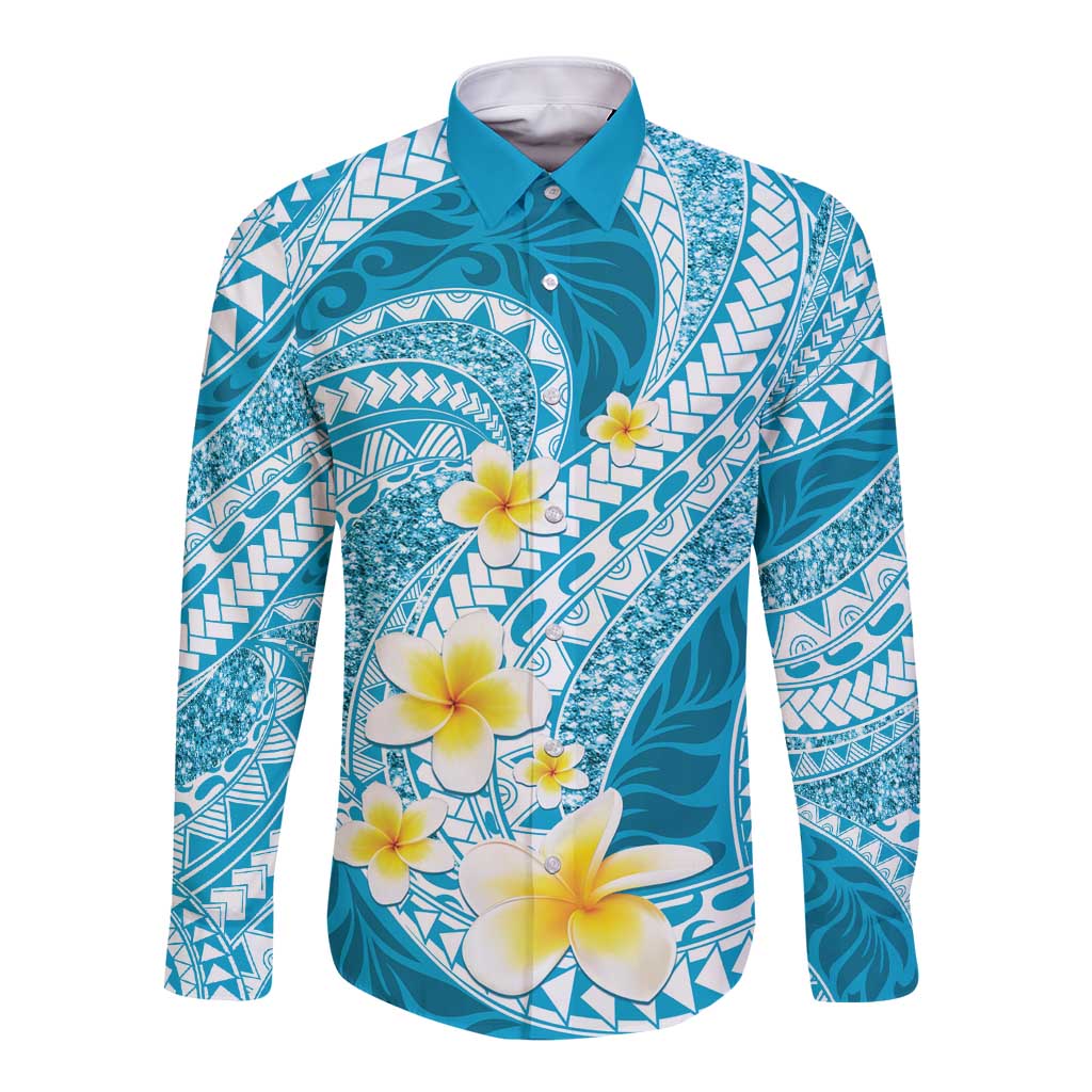 Plumeria Polynesian Sky Blue Glitter Pattern Long Sleeve Button Shirt LT01 Unisex Sky Blue - Polynesian Pride