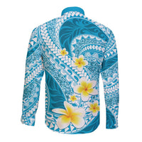 Plumeria Polynesian Sky Blue Glitter Pattern Long Sleeve Button Shirt