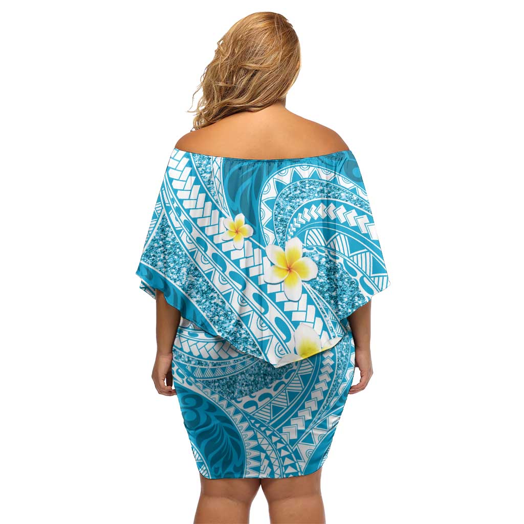 Plumeria Polynesian Sky Blue Glitter Pattern Off Shoulder Short Dress