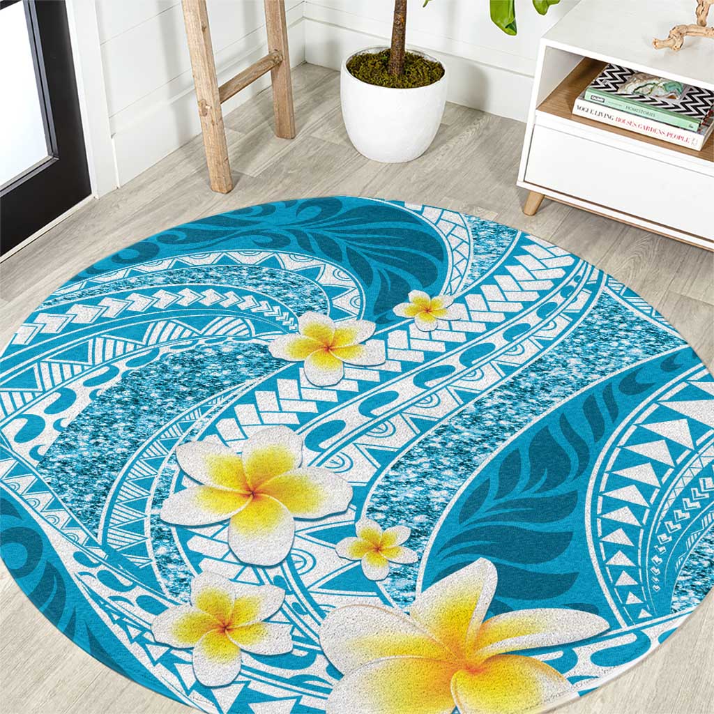 Plumeria Polynesian Sky Blue Glitter Pattern Round Carpet LT01 Sky Blue - Polynesian Pride