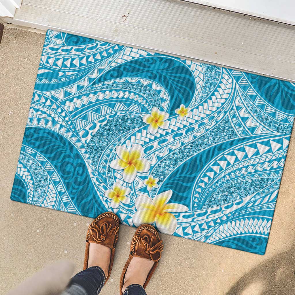 Plumeria Polynesian Sky Blue Glitter Pattern Rubber Doormat
