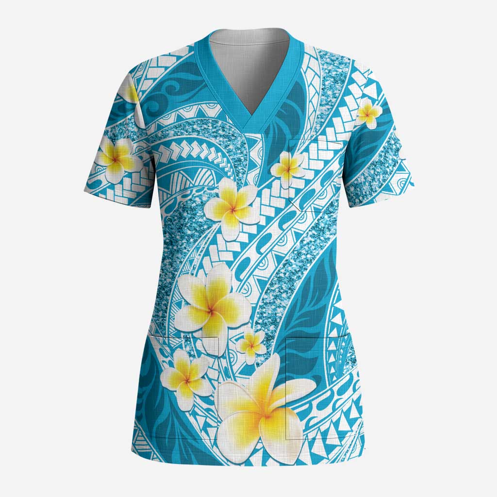Plumeria Polynesian Sky Blue Glitter Pattern Scrub Top - Polynesian Pride