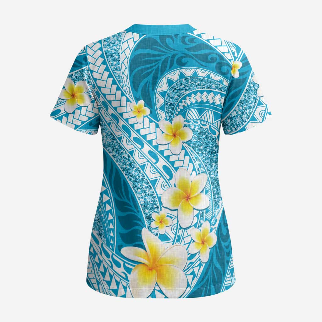 Plumeria Polynesian Sky Blue Glitter Pattern Scrub Top - Polynesian Pride