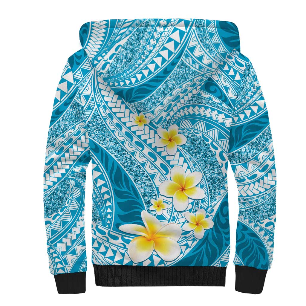 Plumeria Polynesian Sky Blue Glitter Pattern Sherpa Hoodie