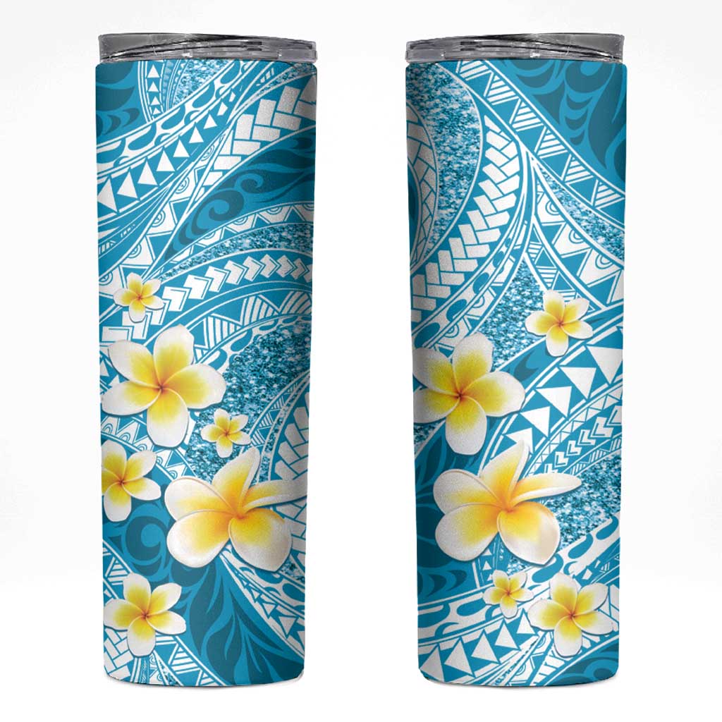 Plumeria Polynesian Sky Blue Glitter Pattern Skinny Tumbler