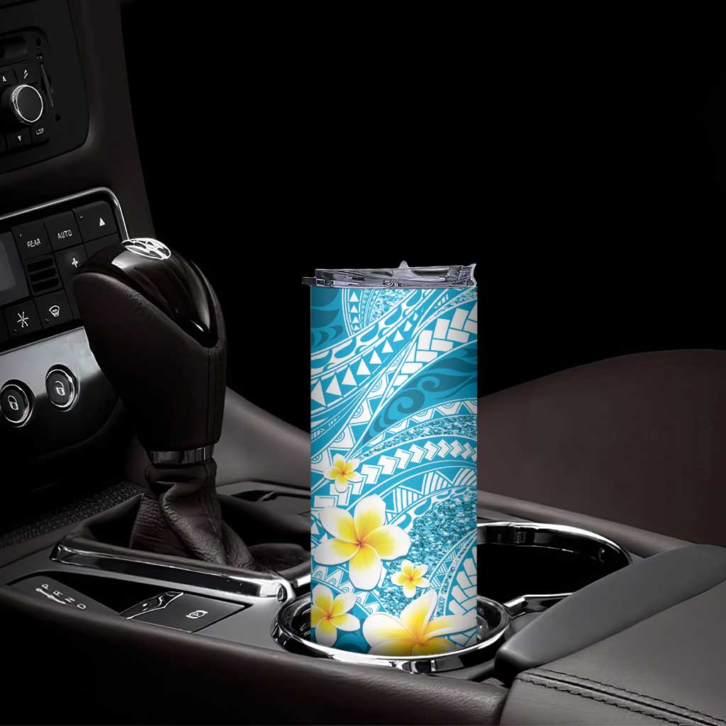 Plumeria Polynesian Sky Blue Glitter Pattern Skinny Tumbler