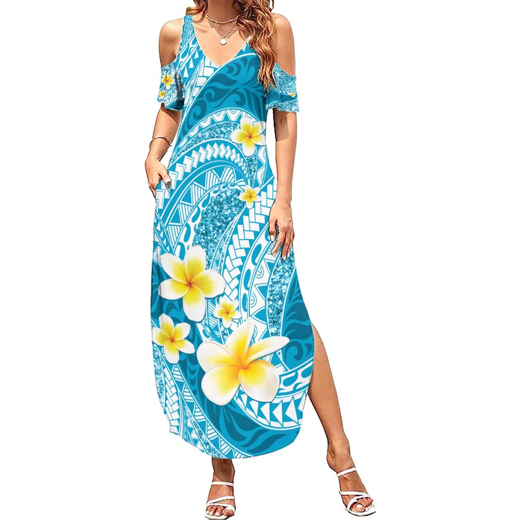 Plumeria Polynesian Sky Blue Glitter Pattern Summer Maxi Dress