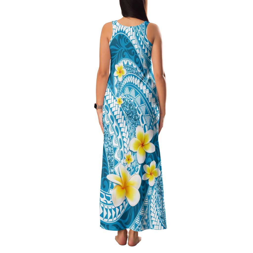 Plumeria Polynesian Sky Blue Glitter Pattern Tank Maxi Dress