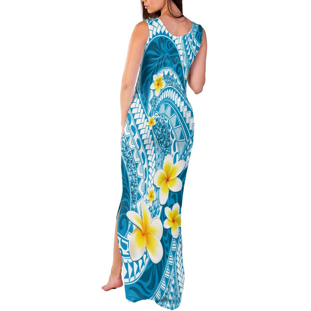 Plumeria Polynesian Sky Blue Glitter Pattern Tank Maxi Dress