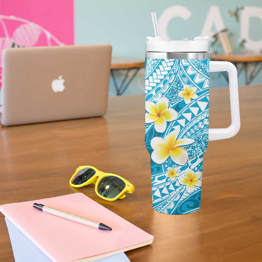 Plumeria Polynesian Sky Blue Glitter Pattern Tumbler With Handle