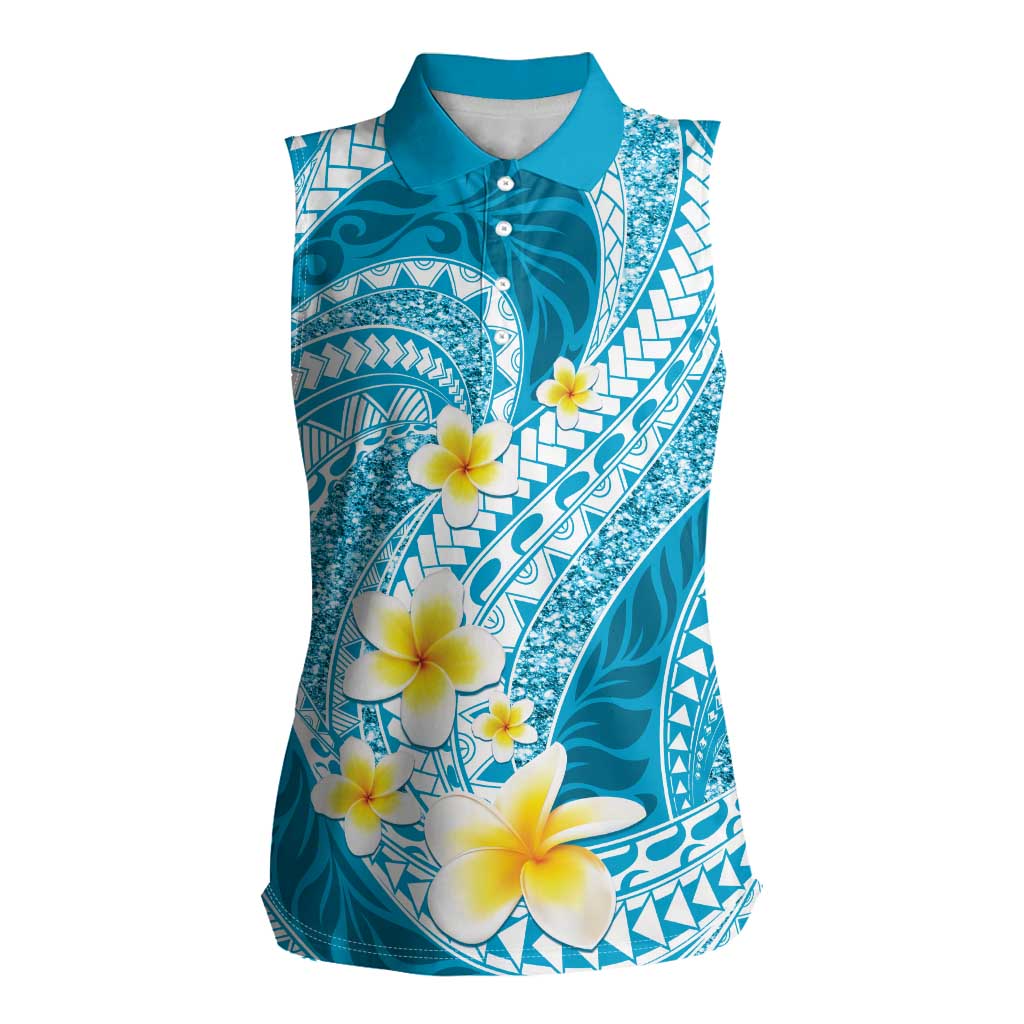 Plumeria Polynesian Sky Blue Glitter Pattern Women Sleeveless Polo Shirt LT01 Female Sky Blue - Polynesian Pride