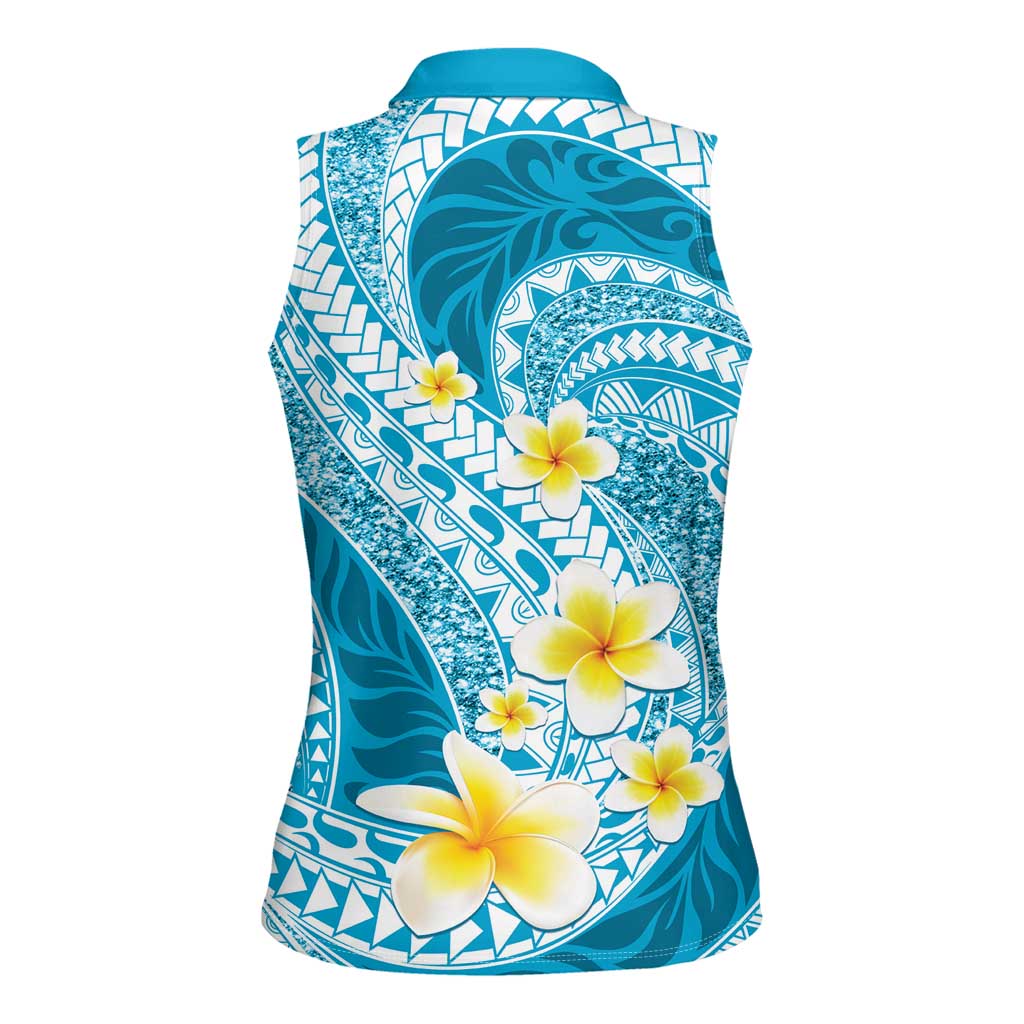 Plumeria Polynesian Sky Blue Glitter Pattern Women Sleeveless Polo Shirt LT01 - Polynesian Pride