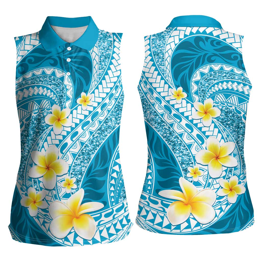 Plumeria Polynesian Sky Blue Glitter Pattern Women Sleeveless Polo Shirt LT01 - Polynesian Pride