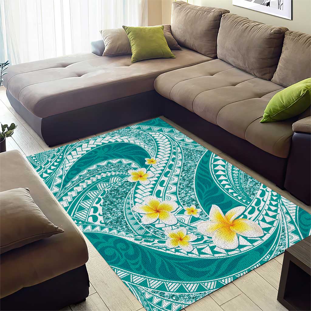 Plumeria Polynesian Teal Glitter Pattern Area Rug