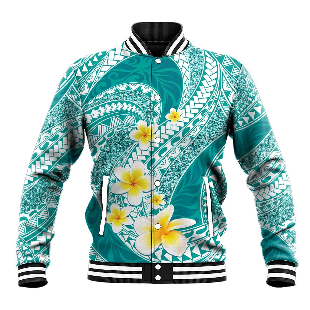 Plumeria Polynesian Teal Glitter Pattern Baseball Jacket LT01 Unisex Teal - Polynesian Pride