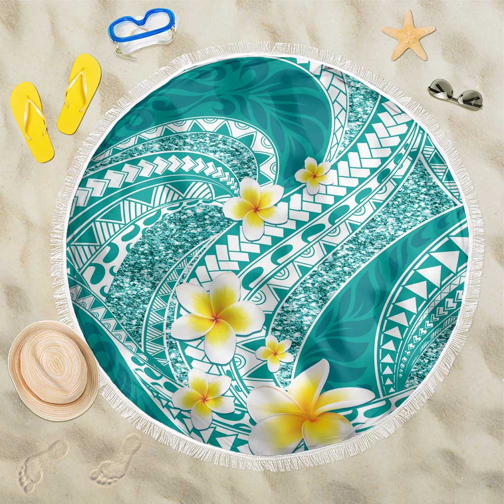 Plumeria Polynesian Teal Glitter Pattern Beach Blanket LT01 One Size 150cm Teal - Polynesian Pride