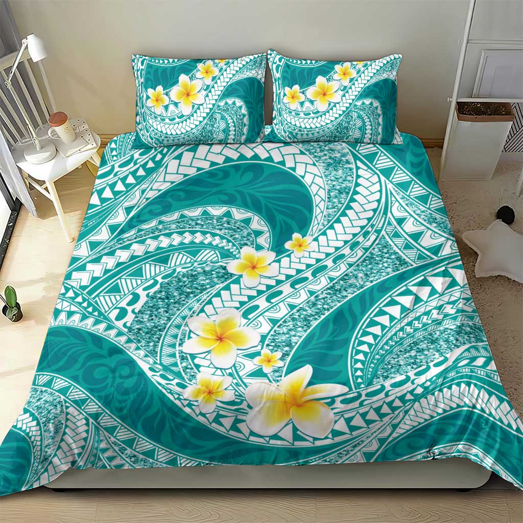 Plumeria Polynesian Teal Glitter Pattern Bedding Set