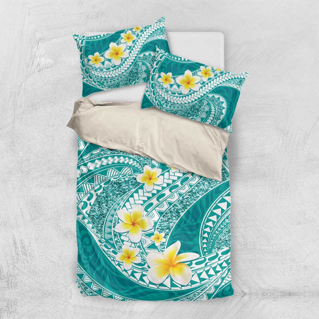 Plumeria Polynesian Teal Glitter Pattern Bedding Set