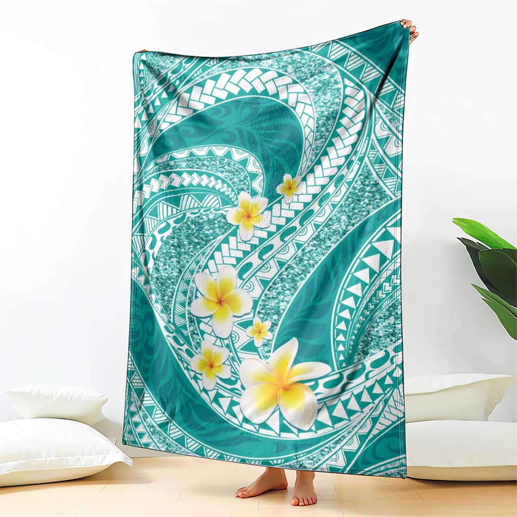 Plumeria Polynesian Teal Glitter Pattern Blanket