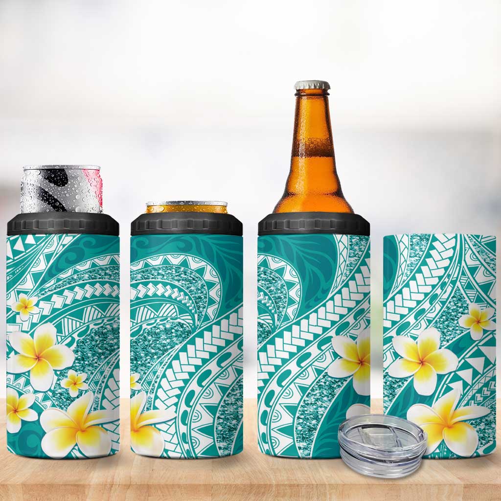 Plumeria Polynesian Teal Glitter Pattern 4 in 1 Can Cooler Tumbler