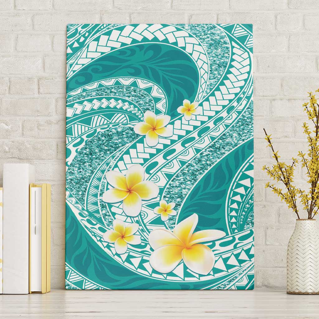 Plumeria Polynesian Teal Glitter Pattern Canvas Wall Art