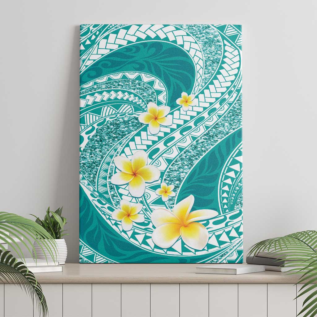 Plumeria Polynesian Teal Glitter Pattern Canvas Wall Art