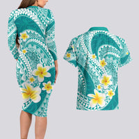 Plumeria Polynesian Teal Glitter Pattern Couples Matching Long Sleeve Bodycon Dress and Hawaiian Shirt
