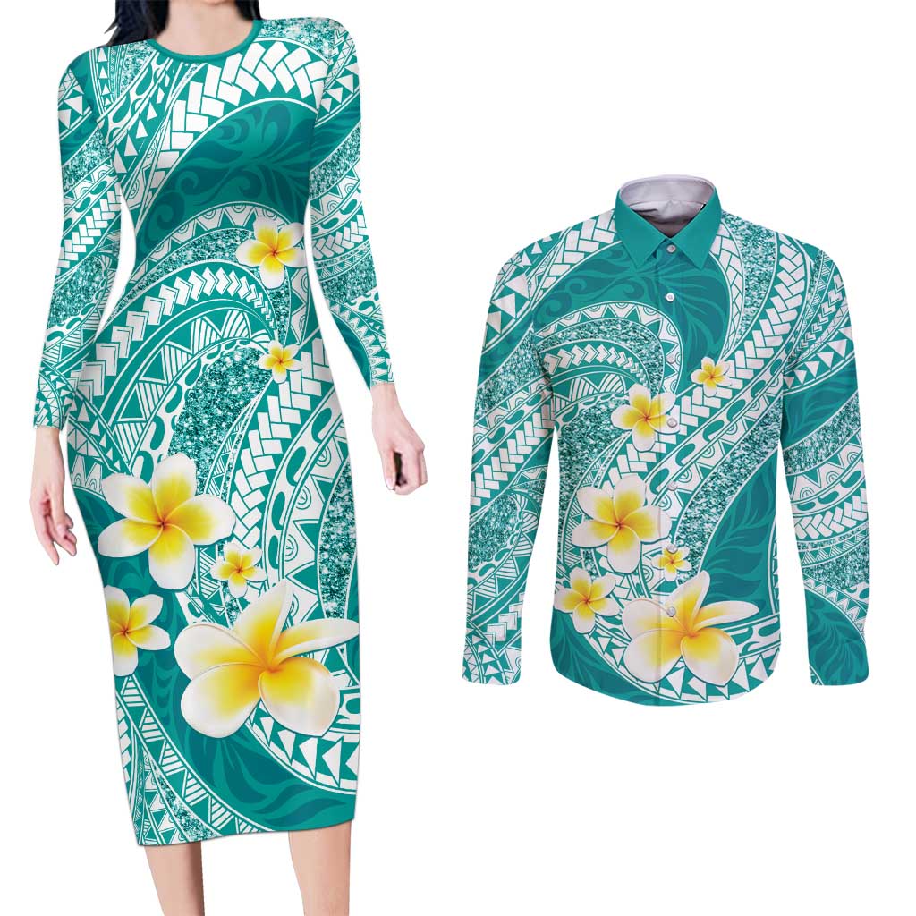 Plumeria Polynesian Teal Glitter Pattern Couples Matching Long Sleeve Bodycon Dress and Long Sleeve Button Shirt