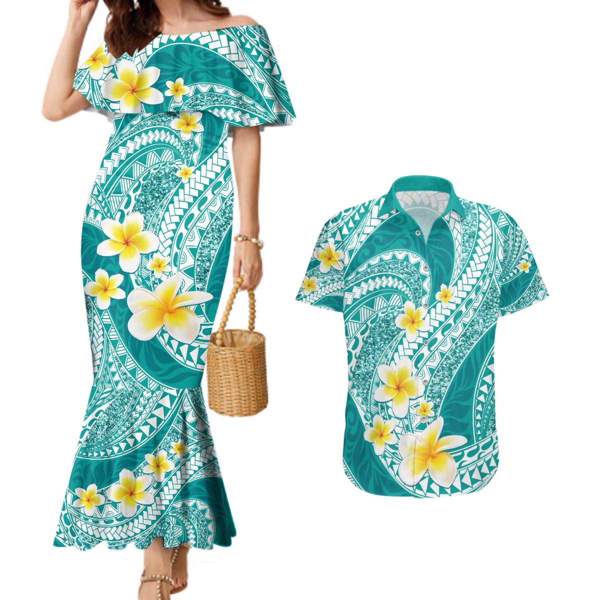 Plumeria Polynesian Teal Glitter Pattern Couples Matching Mermaid Dress and Hawaiian Shirt