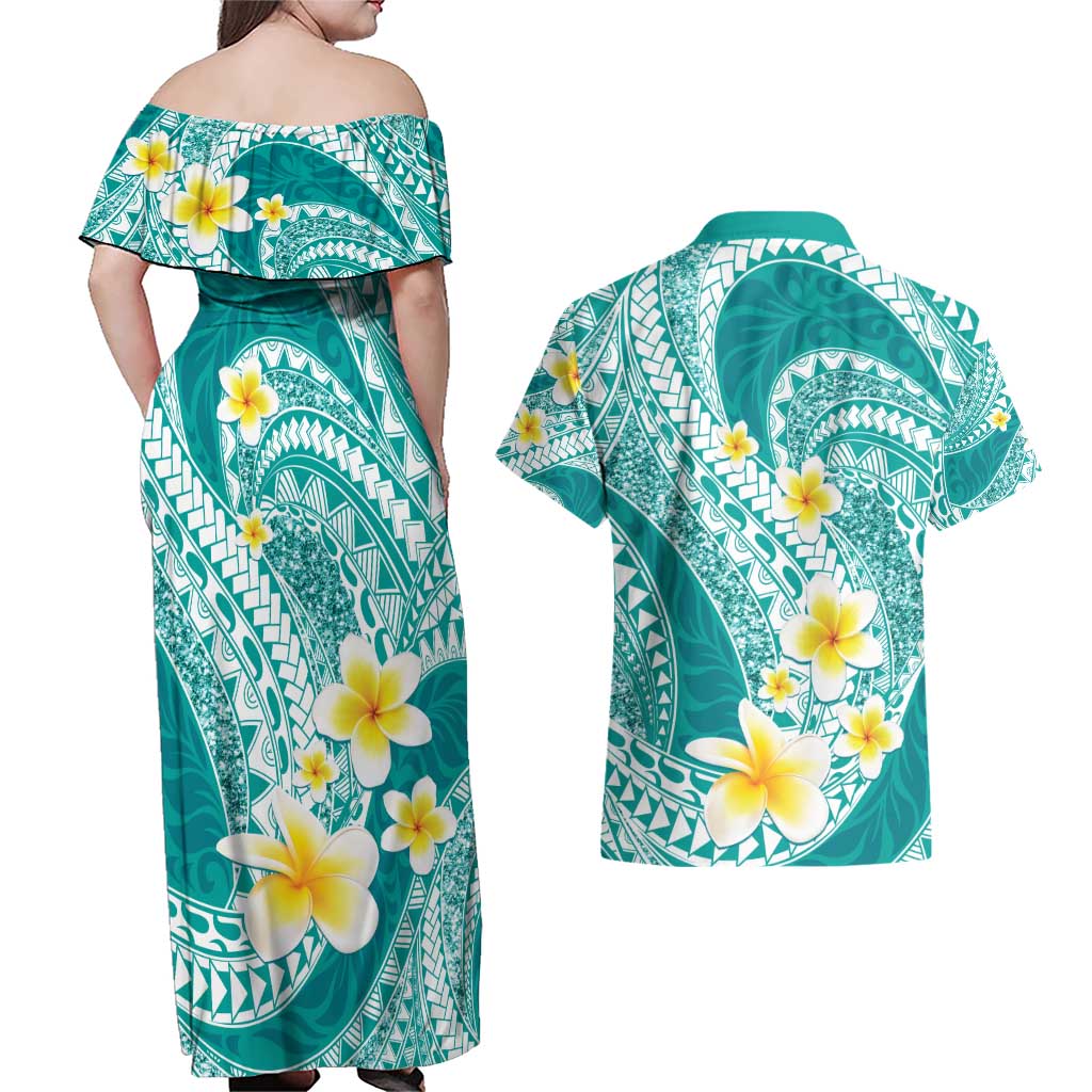 Plumeria Polynesian Teal Glitter Pattern Couples Matching Off Shoulder Maxi Dress and Hawaiian Shirt