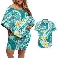 Plumeria Polynesian Teal Glitter Pattern Couples Matching Off Shoulder Short Dress and Hawaiian Shirt