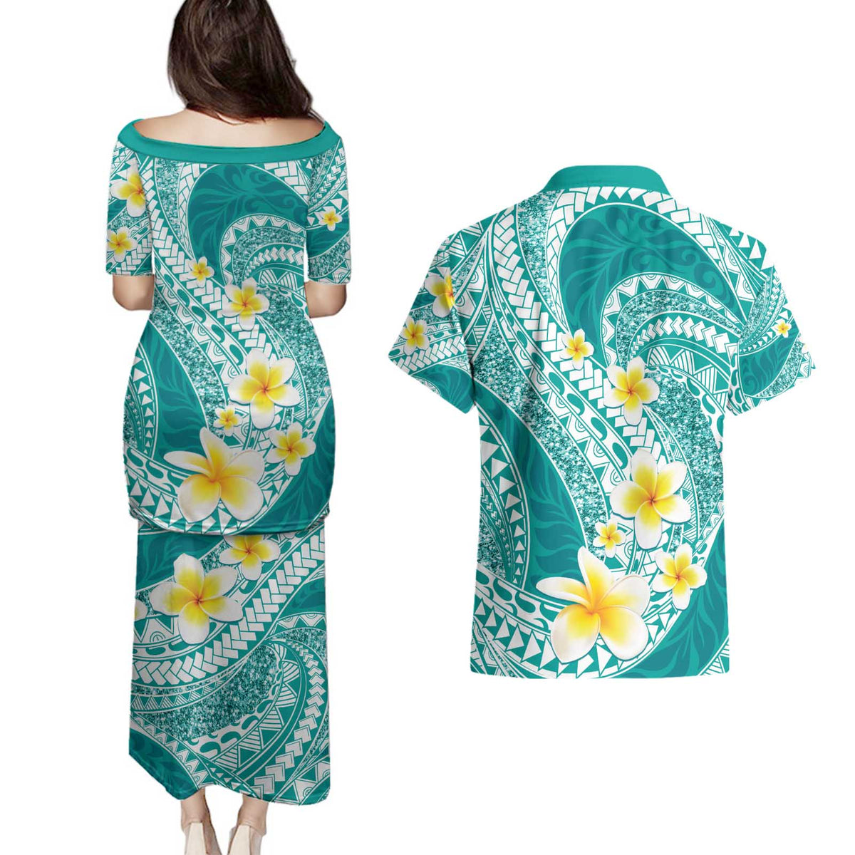 Plumeria Polynesian Teal Glitter Pattern Couples Matching Puletasi and Hawaiian Shirt