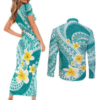 Plumeria Polynesian Teal Glitter Pattern Couples Matching Short Sleeve Bodycon Dress and Long Sleeve Button Shirt