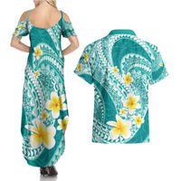 Plumeria Polynesian Teal Glitter Pattern Couples Matching Summer Maxi Dress and Hawaiian Shirt
