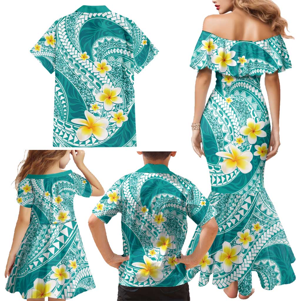 Plumeria Polynesian Teal Glitter Pattern Family Matching Mermaid Dress and Hawaiian Shirt