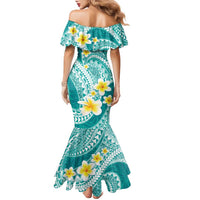 Plumeria Polynesian Teal Glitter Pattern Family Matching Mermaid Dress and Hawaiian Shirt