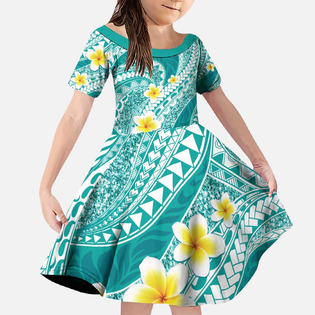 Plumeria Polynesian Teal Glitter Pattern Family Matching Off Shoulder Maxi Dress and Hawaiian Shirt